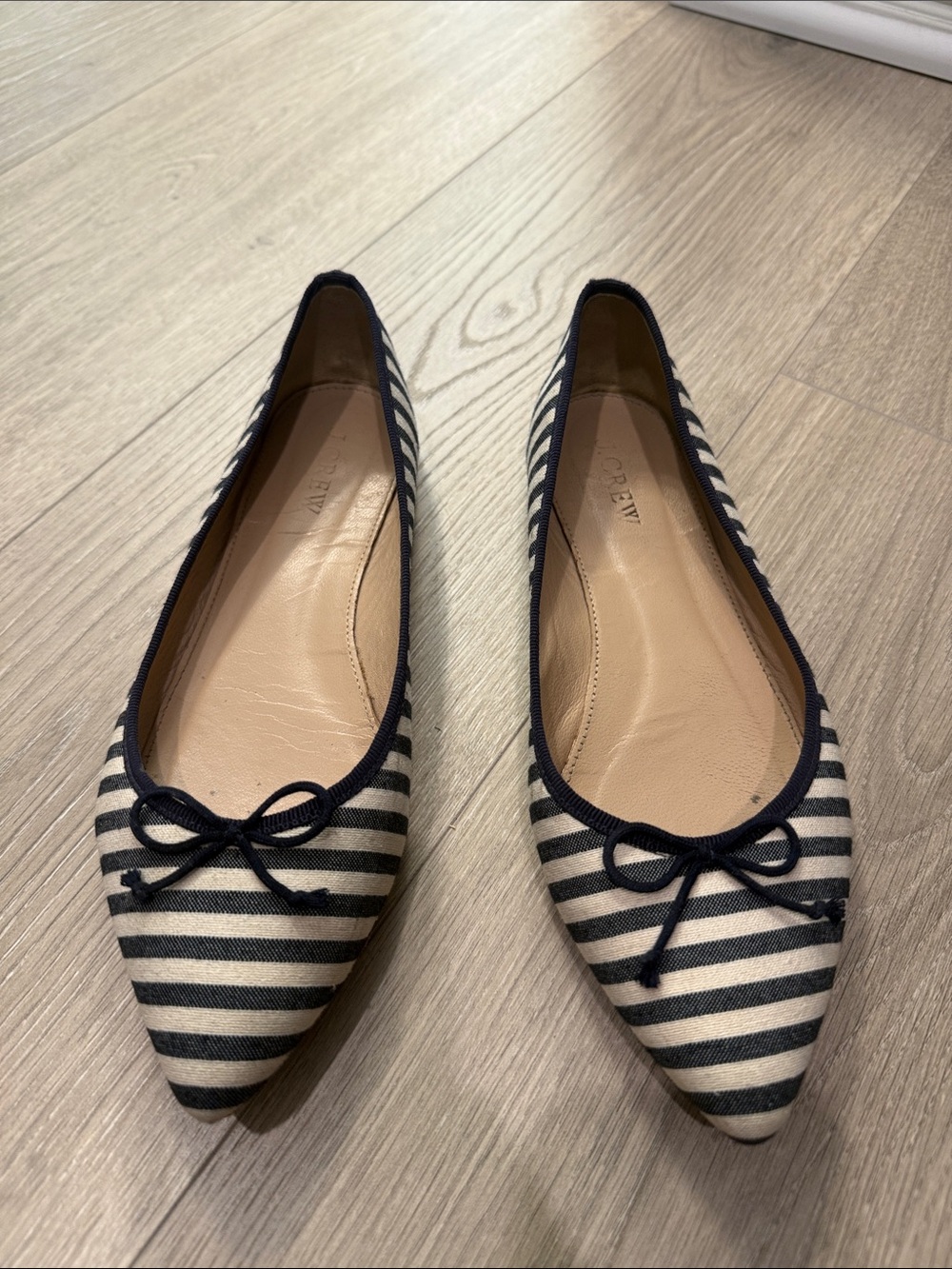 J. Crew Navy and White Striped Pointed Toe Ballet Flats with Bow